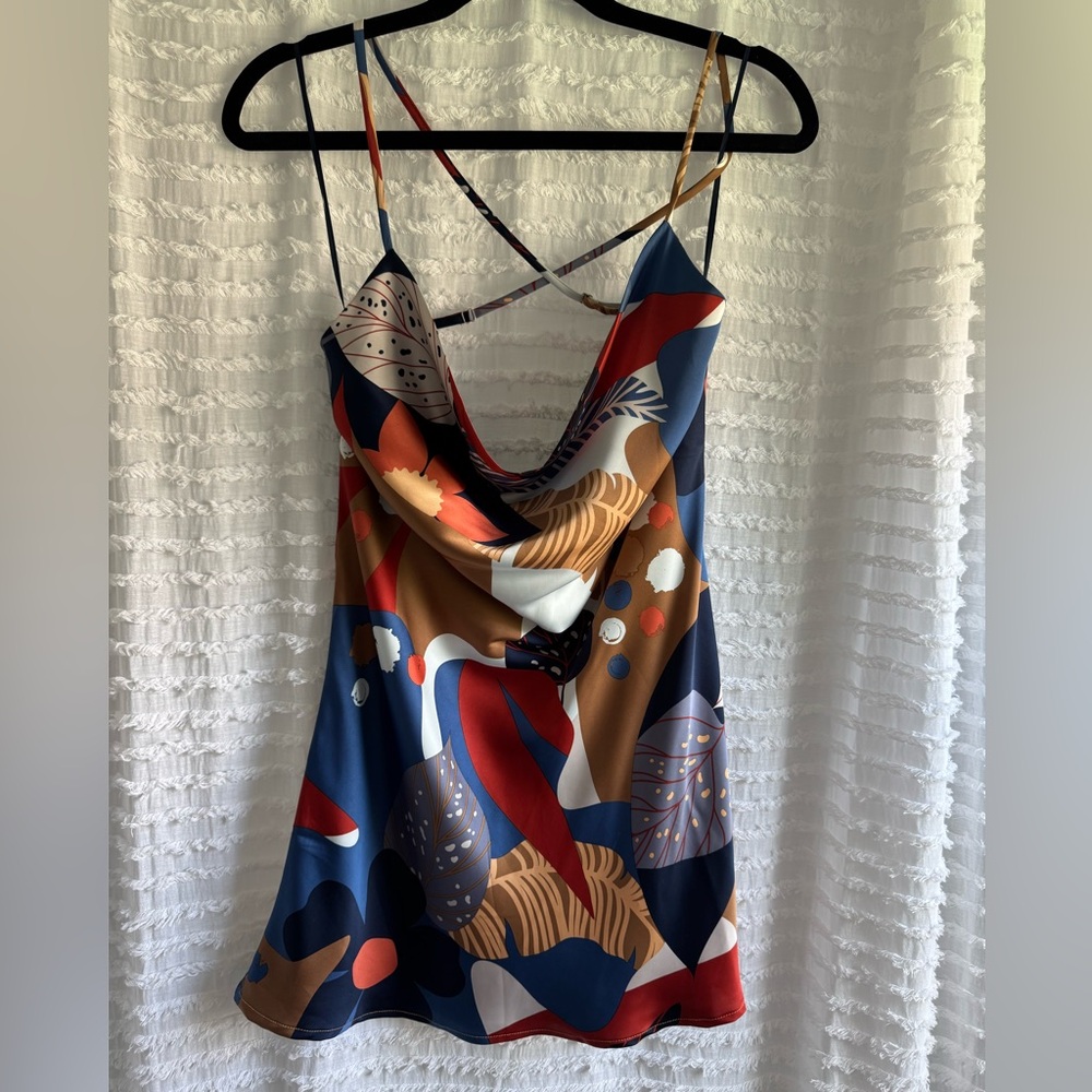 En Saison Abstract Print Mini Dress in Navy, Rust, Tan